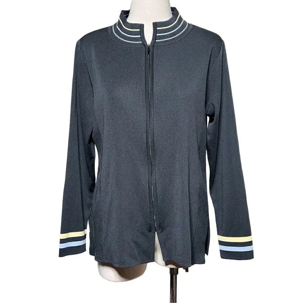 Exclusively Misook Summer Weight GrayβFull Zip Long Sleeve CardiganβMedium